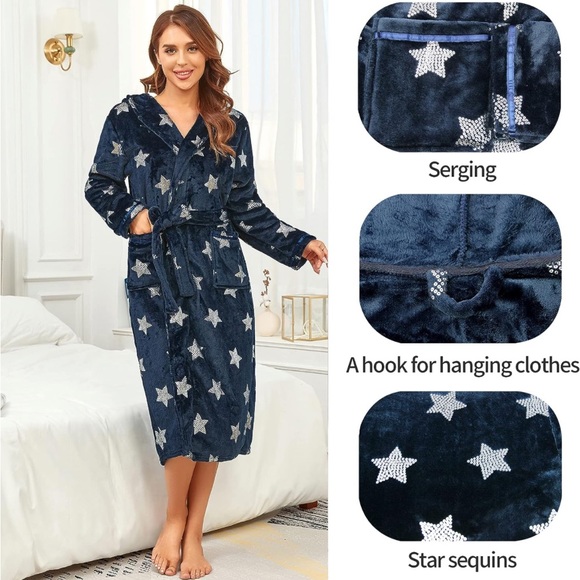 Fleece Navy Blue w/stars bathrobe w/pockets - Picture 6 of 6